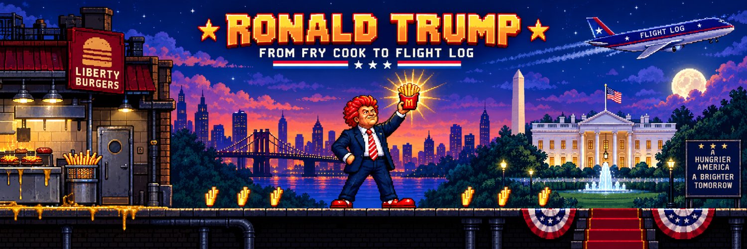 Ronald Trump: From Fry Cook to Flight Log. Pixel-art banner of Ronald holding fries aloft between a burger joint and the White House.