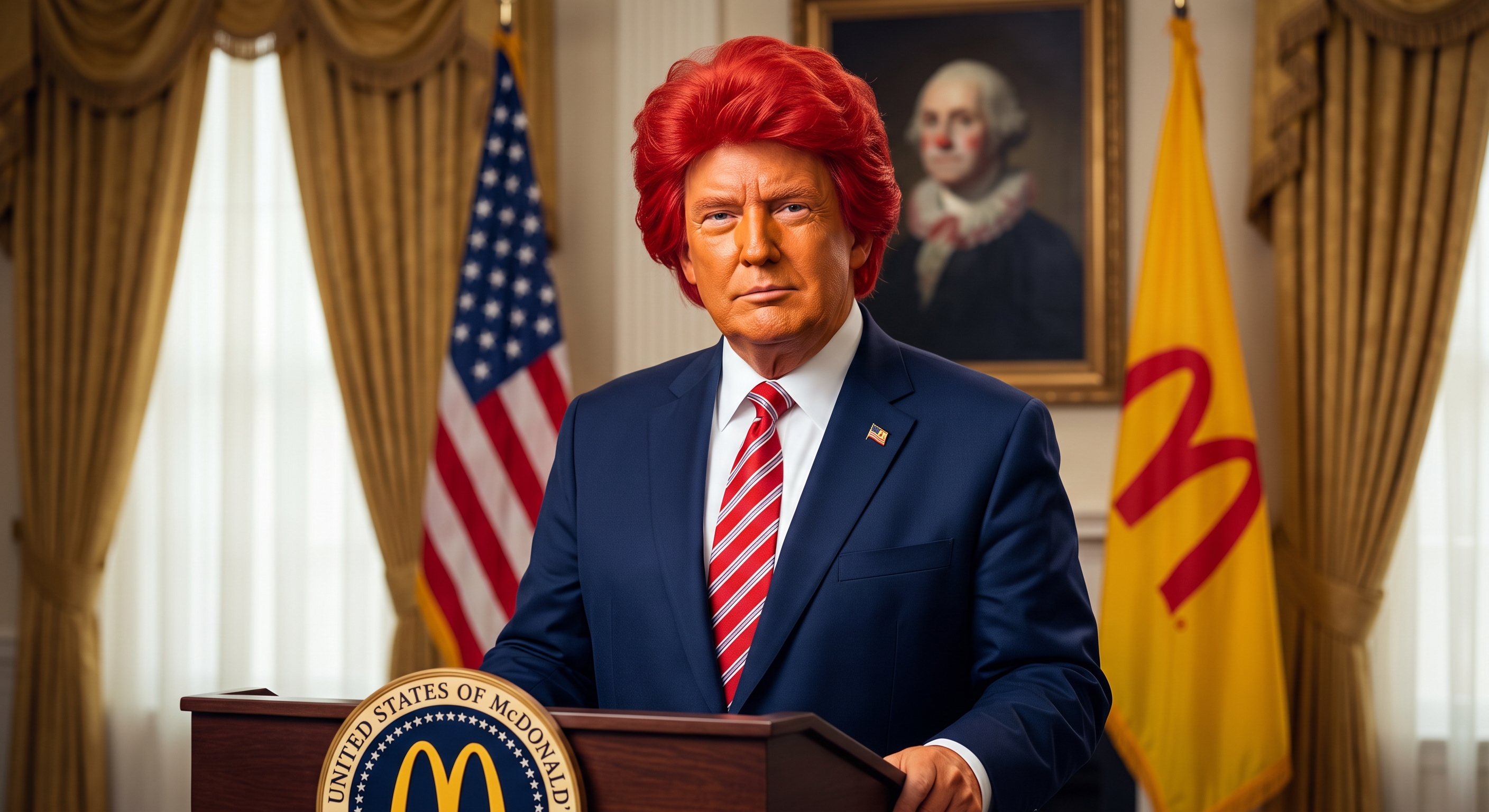 Ronald Trump at the podium of the United States of McDonald's